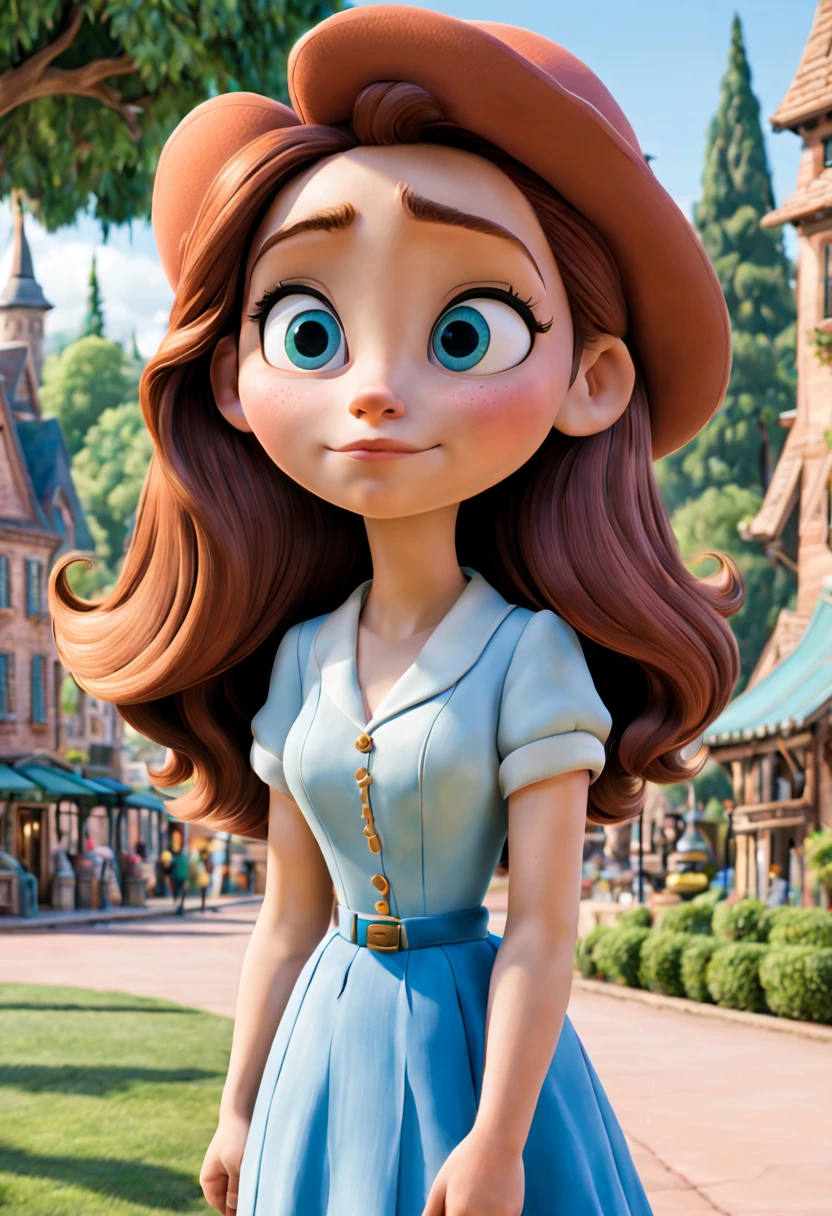 clarisa with peaceful face sitted in the park town, disney cartoon style, picture from a pixar movie