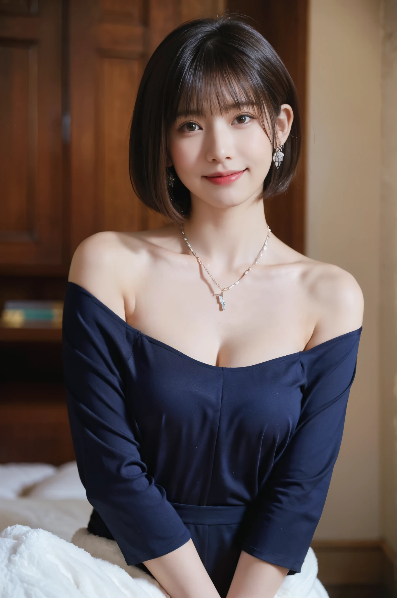 masterpiece, A high resolution, (Photorealistic:1.4), Raw photo, One girl posing for a photo, blue short hair, Earring Necklace, off shoulders, sexy smile, good lighting, Film Color Grading for Movies, heavy sunray, wear red priest cloth, open legs, hide hands, standing posing at snow forest