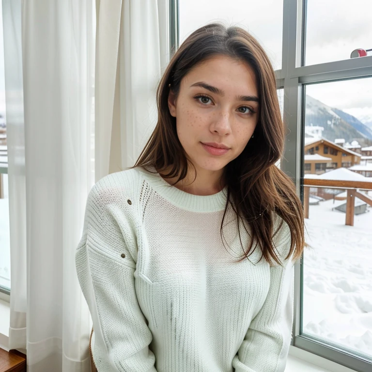 22-year-old woman, ein elegantes Erscheinungsbild. My brown hair falls in long waves over my shoulders and frames my face and emphasizes my green eyes. Meine vollen, pink lips are shaped into a smile. My snub nose is covered with freckles, which contrast with my tanned skin. Meine Augenbrauen sind dick und dunkel, gives me a seductive look. Meine Wangenknochen sind hoch und definiert, und meine Wimpern sind lang und geschwungen. das model ist angezogen mit einem pelzmantel. sie steht auf einem balkon. hintergrund sind schneebedeckte Berge. es ist kalt. Everywhere is snow, es ist winter