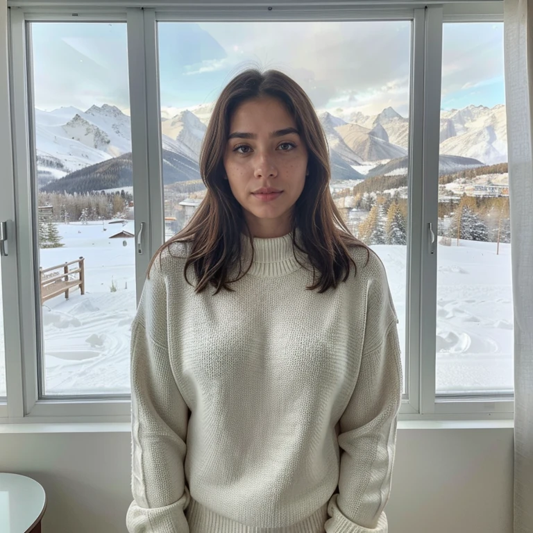 23-year-old hyper-realistic Latin girl with freckles, selfie de humor para instagram, Ultra Definition, (photoreallistic: 1.4), 8k, Calidad Premier, Fondos detallados, cara delicada, Maquillaje natural, foto RAW, iPhone, HDR, Coqueteando con el espectador, wearing only a luxurious sweater, sentado frente a una gran ventana a la vista de la nieve de Saint Moritz, en un hotel de lujo, wearing only a luxurious sweater, sentado frente a una gran ventana a la vista de la nieve de Saint Moritz, en un hotel de lujo