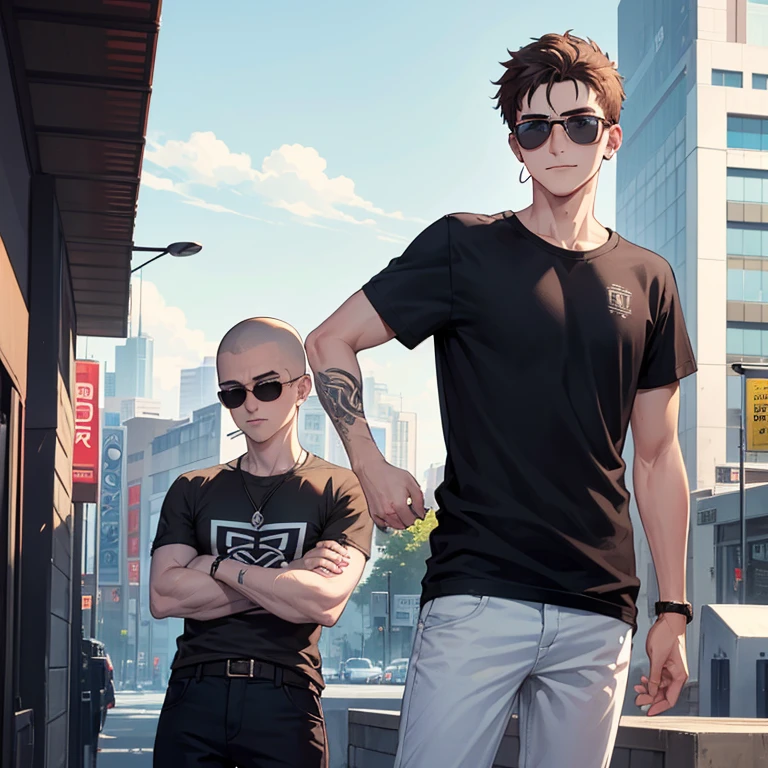 A 21 year old college student boy, brown shaved head ,pale red lenses sunglasses, blue sharp eyes, wears a black T-shirt and white pants, smoking a cigarette, fearless smile, stared down from him, holding the cigarette in his thumb and index finger, standing up and folding his arms in front of his breast, a tattoo on his left arm