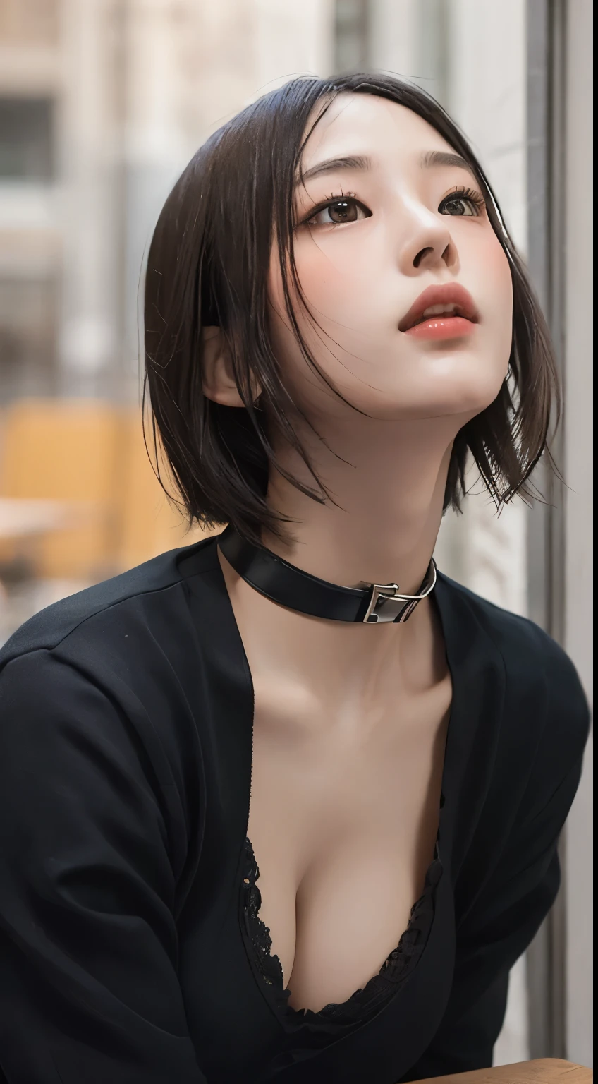 realistic, table top, highest quality, RAW photo, 1 girl, alone, Handsome shorthair, detailed face, fascinating face, Black shirt with collar, medium breasts, dynamic pose, looking at the viewer, from below, detailed background, Detailed, intricate details, ray tracing, Depth of bounds written, low key, nffsw