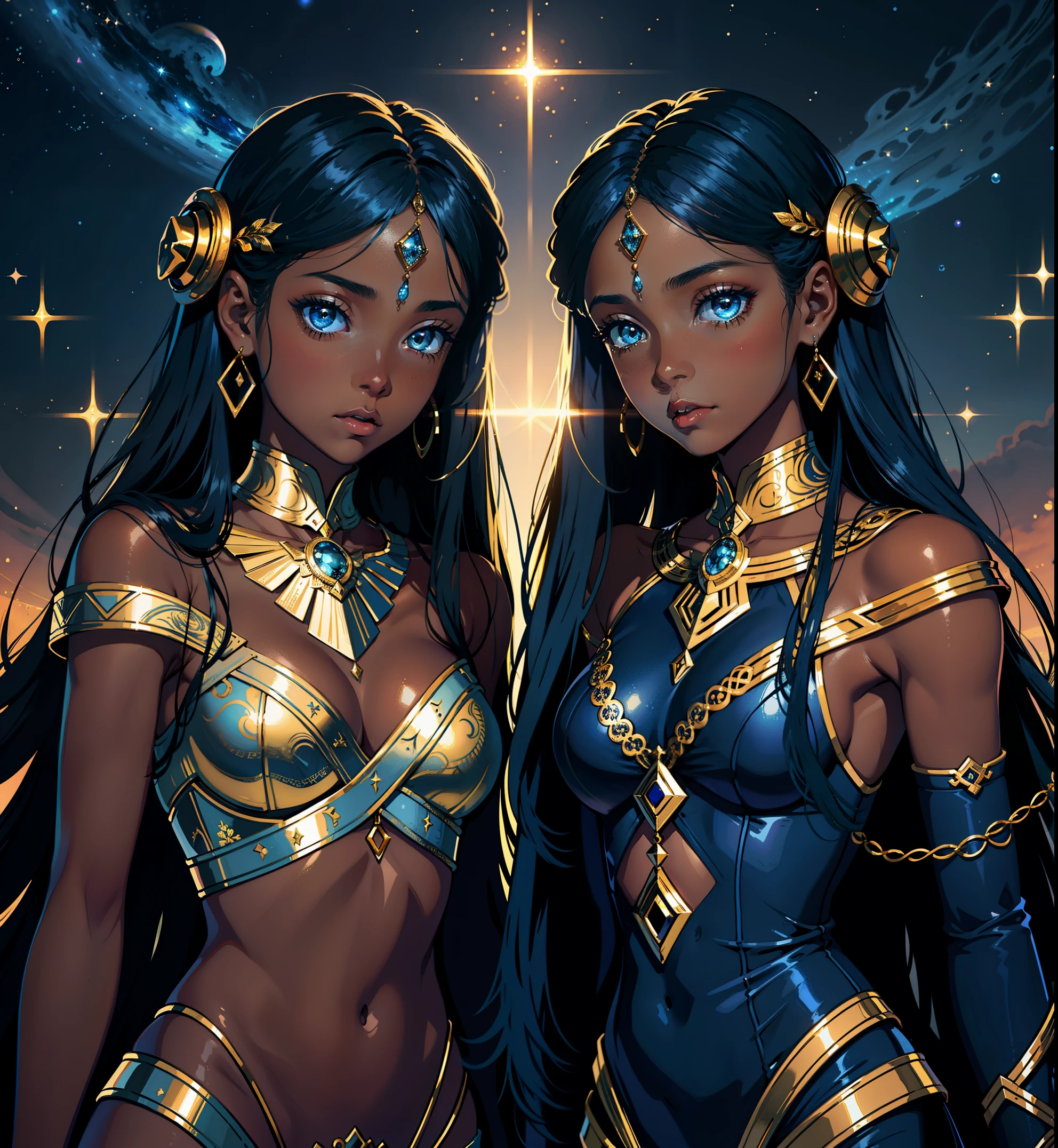 adesivo, fundo simples, portrait, 2 girls with dark skin, twin sisters, with long hair, beautiful zodiac girl, zodiac aesthetic, Gemini ♊️ beautiful girl, very beautiful fantasy art, beautiful and elegant female celestial, beautiful detailed fantasy, gold and blue color palate, blue color-theme