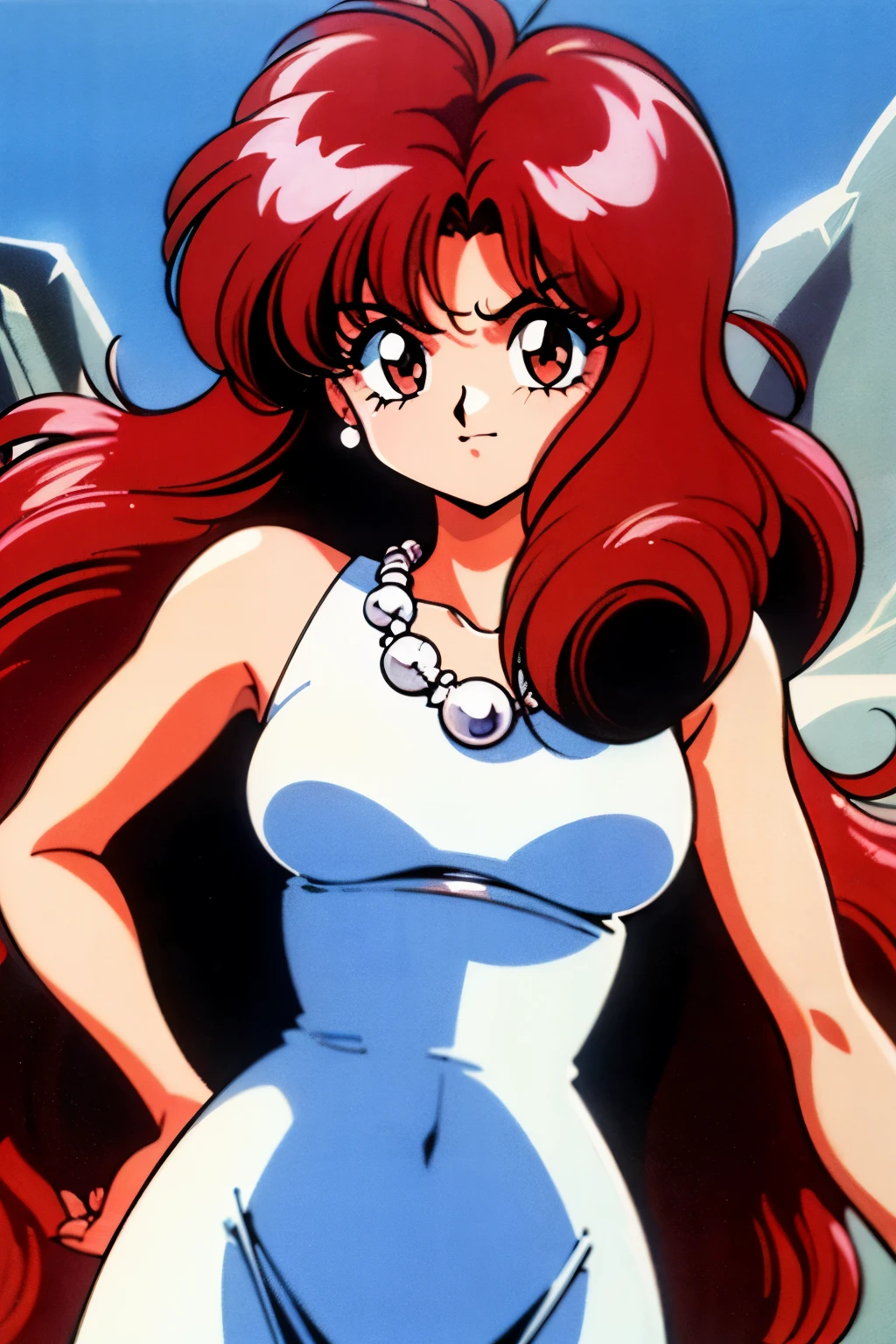 
1990s (style), 1980s (style), retro artstyle, a girl, long red hair, brown eyes, wavy hair, fit body, white dress, white pearl necklace, best quality, masterpiece, in the stone age, 