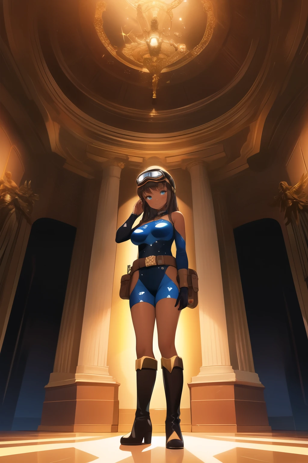 1 dark skinned girl, 25, mature face, thicc, HUGE breasts, shy smile, blue eyes(glowing), long brown hair, Wearing: goggles up on head, black superhero eye-mask, skintight black full-body spandex(blue concentric ring pattern on shoulders, blue star emblem on chest), small bronze shoulder pauldrons, broad brown leather belt(bronze fittings), brown leather hip boots, raygun gothic, Pose: standing legs apart with arms folded, from below, Background: Statue of Atlas, absurdes, high res, chiaroscuro, ultrasharp, 8k, masterpiece, looking at viewer,