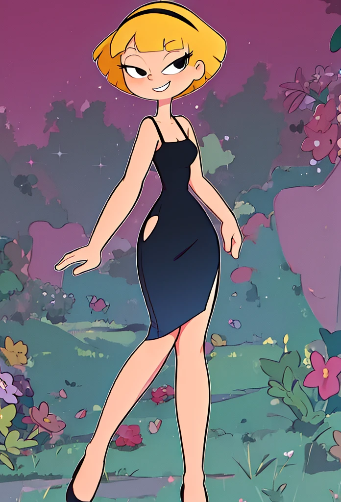 (masterpiece:1.4), (best quality:1.4), (high resolution:1.4), cartoon style, OlgaPataki smile, short hair, blonde hair,  black hairband, r41nb0ws1mpl3dr3ss, pastel dress, spaghetti straps, looking at viewer, detailed face, detailed eyes, black eyes, medium breasts, tall, slim, wide hips, artstation female body, dynamic pose, solo, 1 girl