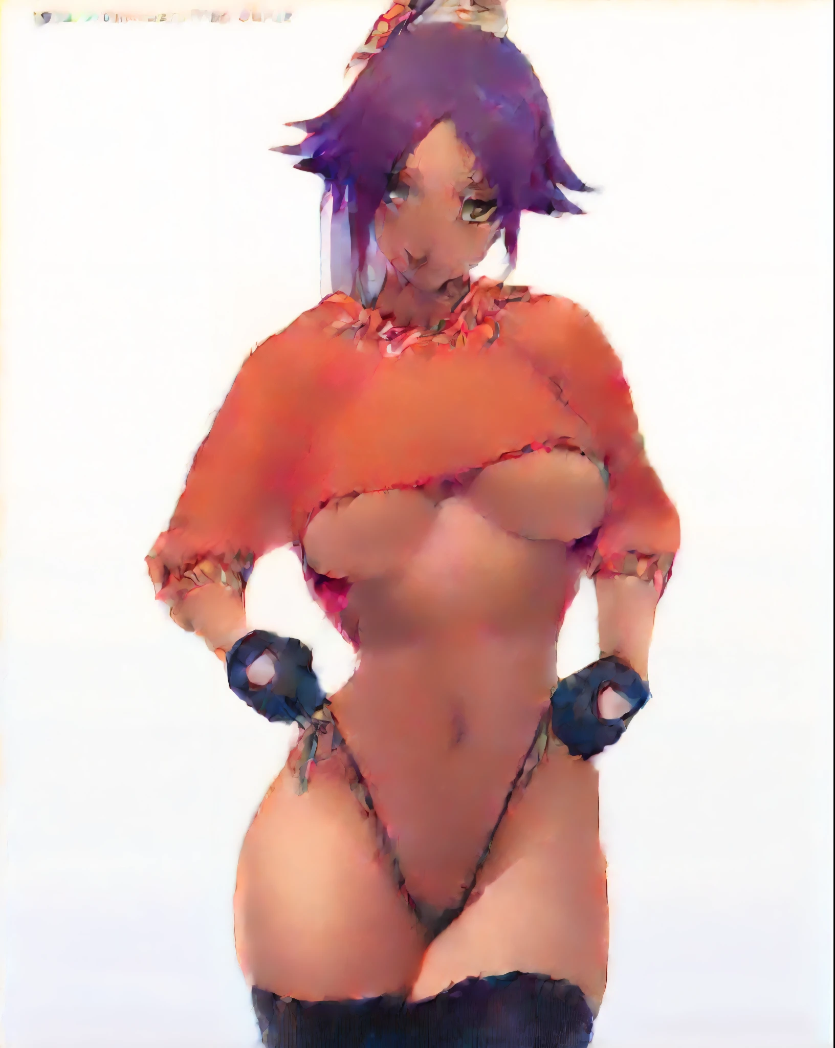 yoruichishihouin, yoruichi shihouin, long hair, (yellow eyes:1.5), ponytail, purple hair, dark skin, dark-skinned female,
BREAK bodysuit, black bodysuit, bodysuit under clothes, (orange shirt:1.5), long sleeves,
BREAK outdoors,
BREAK looking at viewer, (cowboy shot:1.5),
BREAK (masterpiece:1.2), best quality, high resolution, unity 8k wallpaper, (illustration:0.8), (beautiful detailed eyes:1.6), extremely detailed face, perfect lighting, extremely detailed CG, (perfect hands, perfect anatomy),