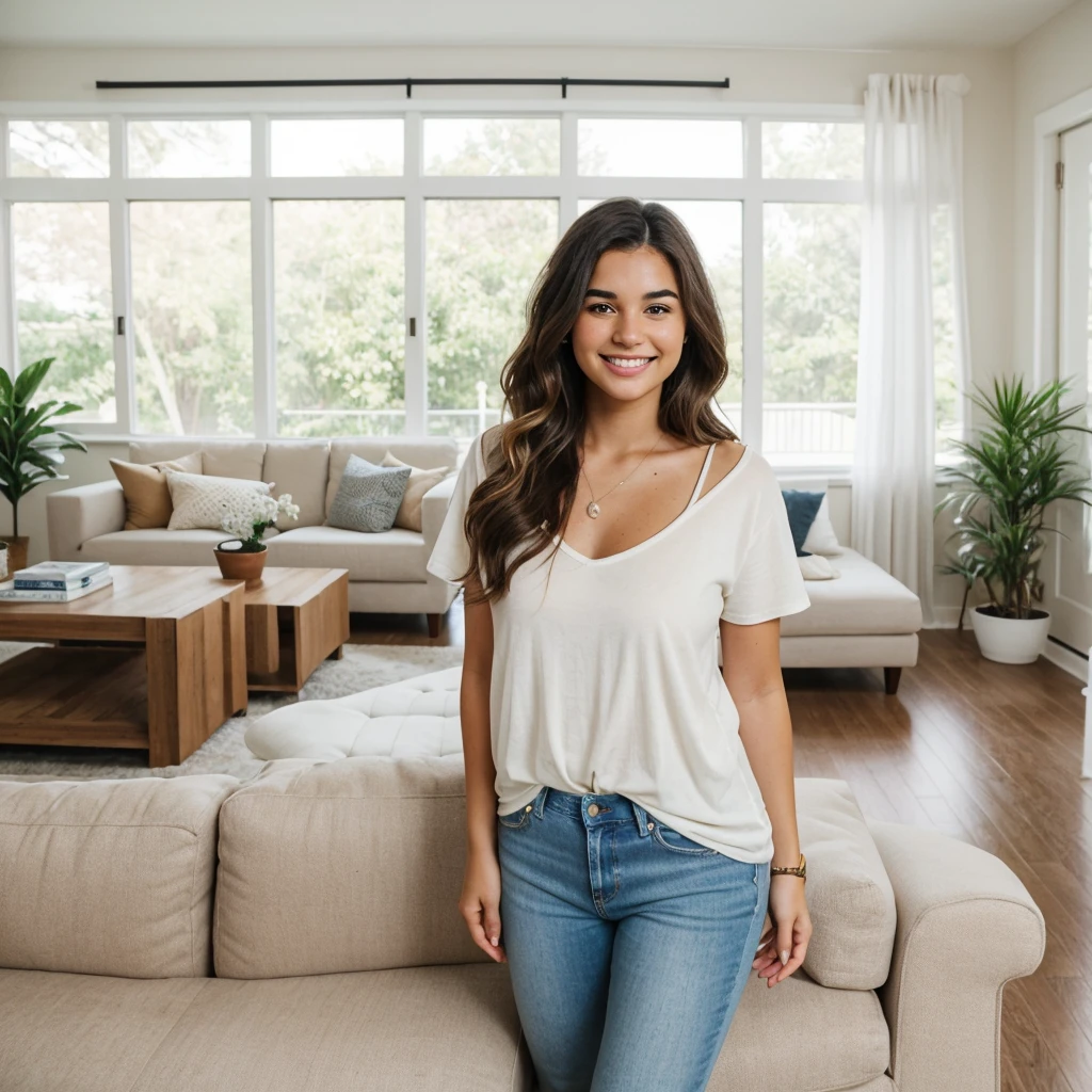 One, a young woman with wavy hair, brown eyes and freckles on her cheeks. She is wearing a white, plain T-shirt with a classic neckline and classic jeans. She stands in a relaxed position with a smile on her face. It is located in a large living room decorated in a modern and classic style. The light is soft, daylight.