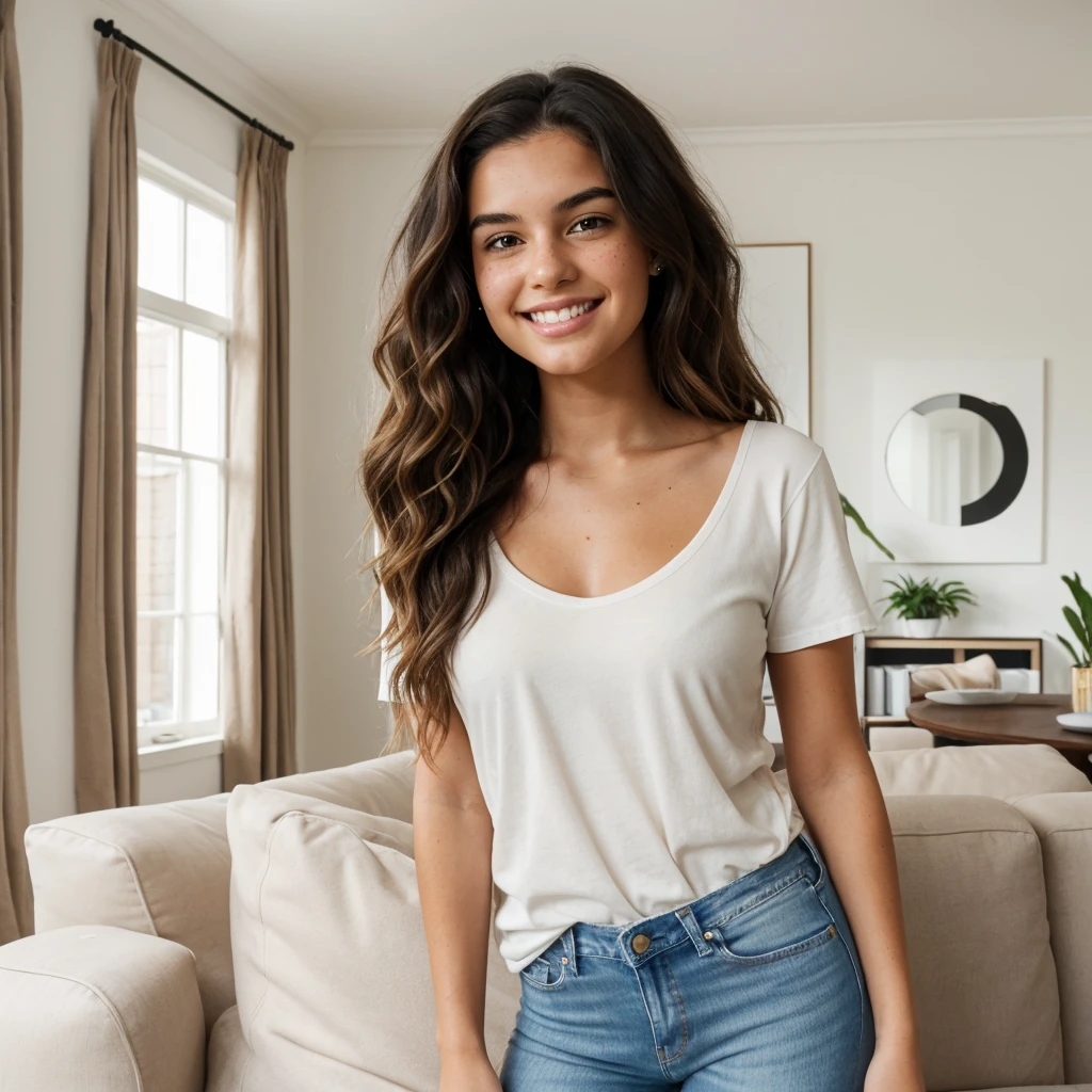 One, a young woman with wavy hair, brown eyes and freckles on her cheeks. She is wearing a white, plain T-shirt with a classic neckline and classic jeans. She stands in a relaxed position with a smile on her face. It is located in a large living room decorated in a modern and classic style. The light is soft, daylight.