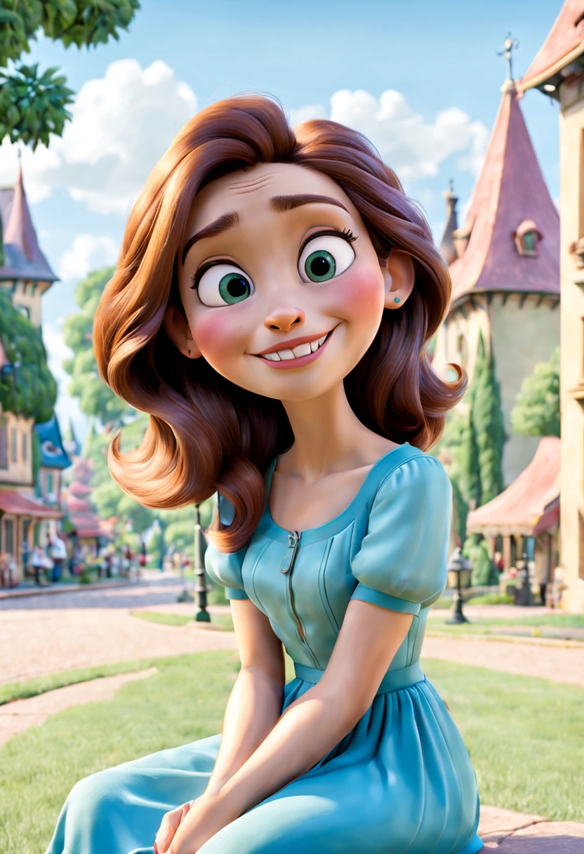 clarisa maslov with peaceful face, happy, sitted in the park town, disney cartoon style, picture from a pixar movie