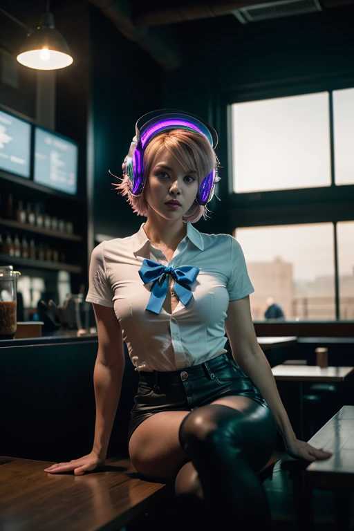 A photo of a young pretty, nerdy woman sitting in a cafe, wearing a white shirt and a bow, surrounded by a cozy lofi atmosphere, looking at the viewer. Short Pink Hair, Stunning Glow Lite Blue Eyes, Amazing beautiful shining hitech astropunk helmet with a big faceshield like an ultimate astronaut, cinematic lut colors, stunning masterpiece of photography, Traditional Cyberbodies, Realistic,DERPD, Science-Fiction, serie-b movie scene. blacklights fluorescent colors, neon-noir ascents, contrasting lsd colors, blue theme