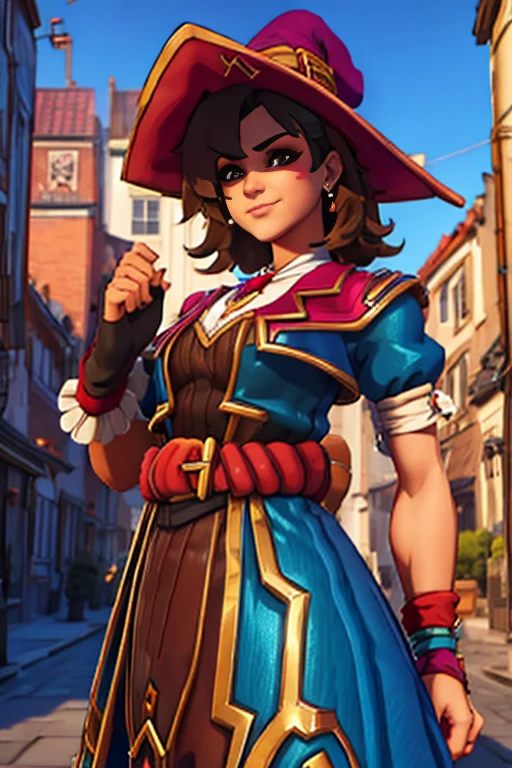 A portrait of K1r1k0 with brown hairs wearing a witch outfit inside a city in the style of K1r1k0