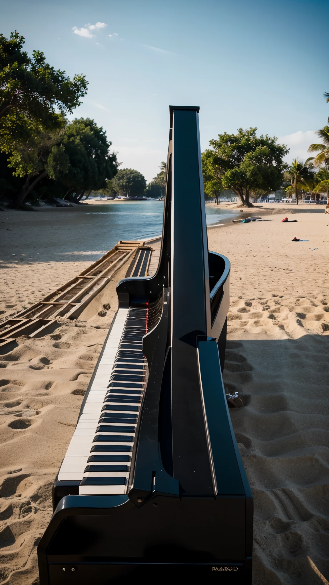 black hyper-realistic piano in the beach. Resolution4k.