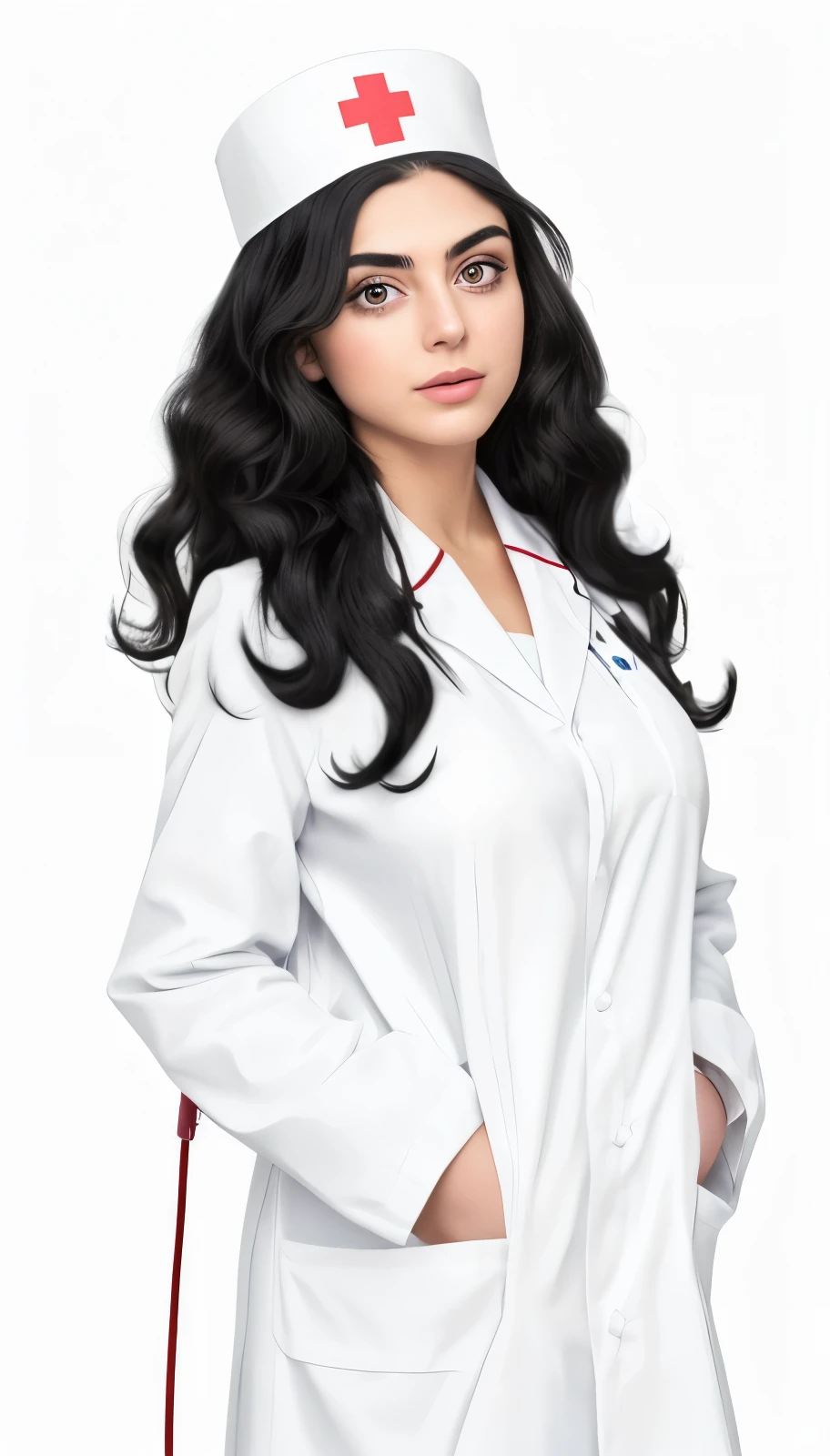 a RAW photo of a gorgeous italian nurse, pretty face, astonished face, big eyes, long lashes, uniform hat with a red cross, wearing white lab coat, wearing a labcoat, black hair a long curly, hands in pockets