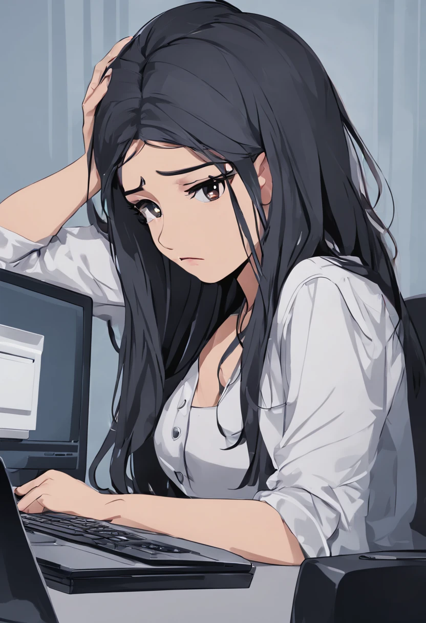 Latin girl sitting in front of the computer in a simple environment with her hand on her head and an expression of sadness