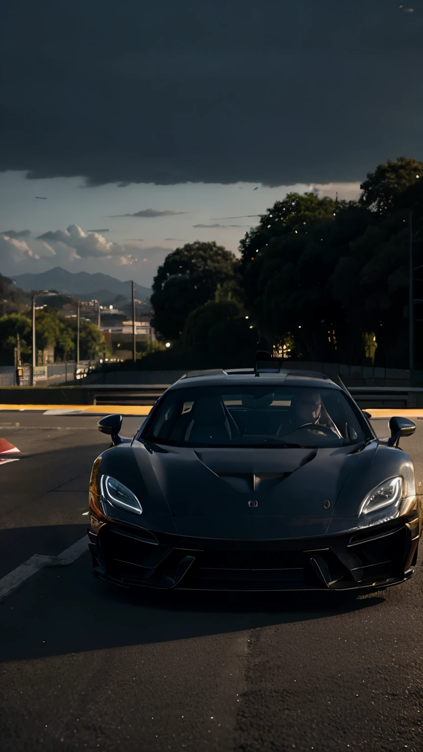 Mc Laren Senna centralizada numa estrada. cinematographic, realistic late afternoon lighting, 4k, foto realista, detalhado, dark ambiance .