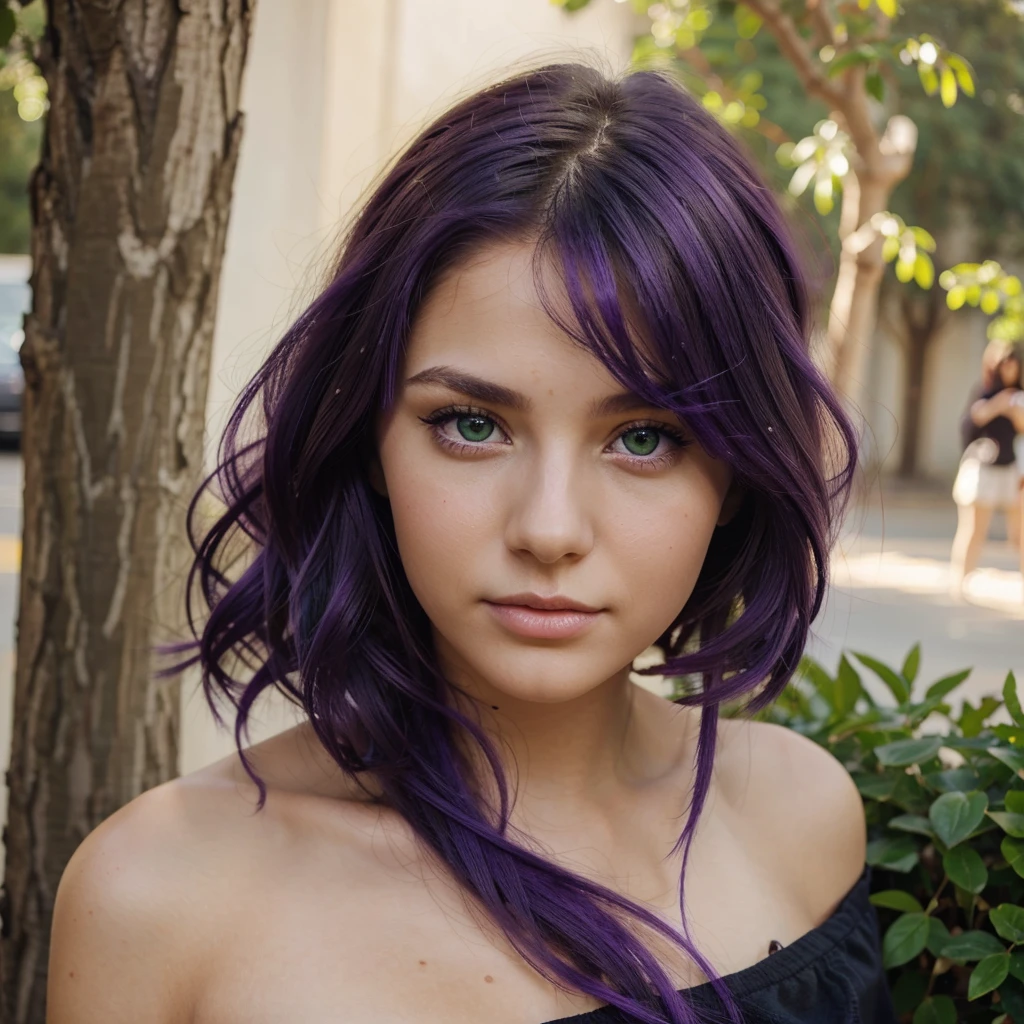 Beautiful realistic young girl with green eyes and bright purple hair