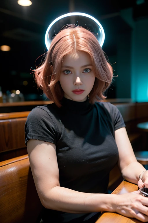 A photo of a young pretty, nerdy woman (amy amad sitting in a cafe, wearing a white shirt and a bow, surrounded by a cozy lofi atmosphere, looking at the viewer. Short Pink Hair, Stunning Glow Lite Blue Eyes, Amazing beautiful shining hitech astropunk helmet with a big faceshield like an ultimate astronaut, cinematic lut colors, stunning masterpiece of photography, Traditional Cyberbodies, Realistic,DERPD, Science-Fiction, serie-b movie scene. blacklights fluorescent colors, neon-noir ascents, contrasting lsd colors, blue theme