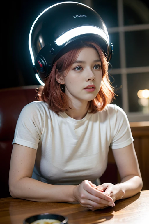 A photo of a young pretty, nerdy woman (amy amad sitting in a cafe, wearing a white shirt and a bow, surrounded by a cozy lofi atmosphere, looking at the viewer. Short Pink Hair, Stunning Glow Lite Blue Eyes, Amazing beautiful shining hitech astropunk helmet with a big faceshield like an ultimate astronaut, cinematic lut colors, stunning masterpiece of photography, Traditional Cyberbodies, Realistic,DERPD, Science-Fiction, serie-b movie scene. blacklights fluorescent colors, neon-noir ascents, contrasting lsd colors, blue theme