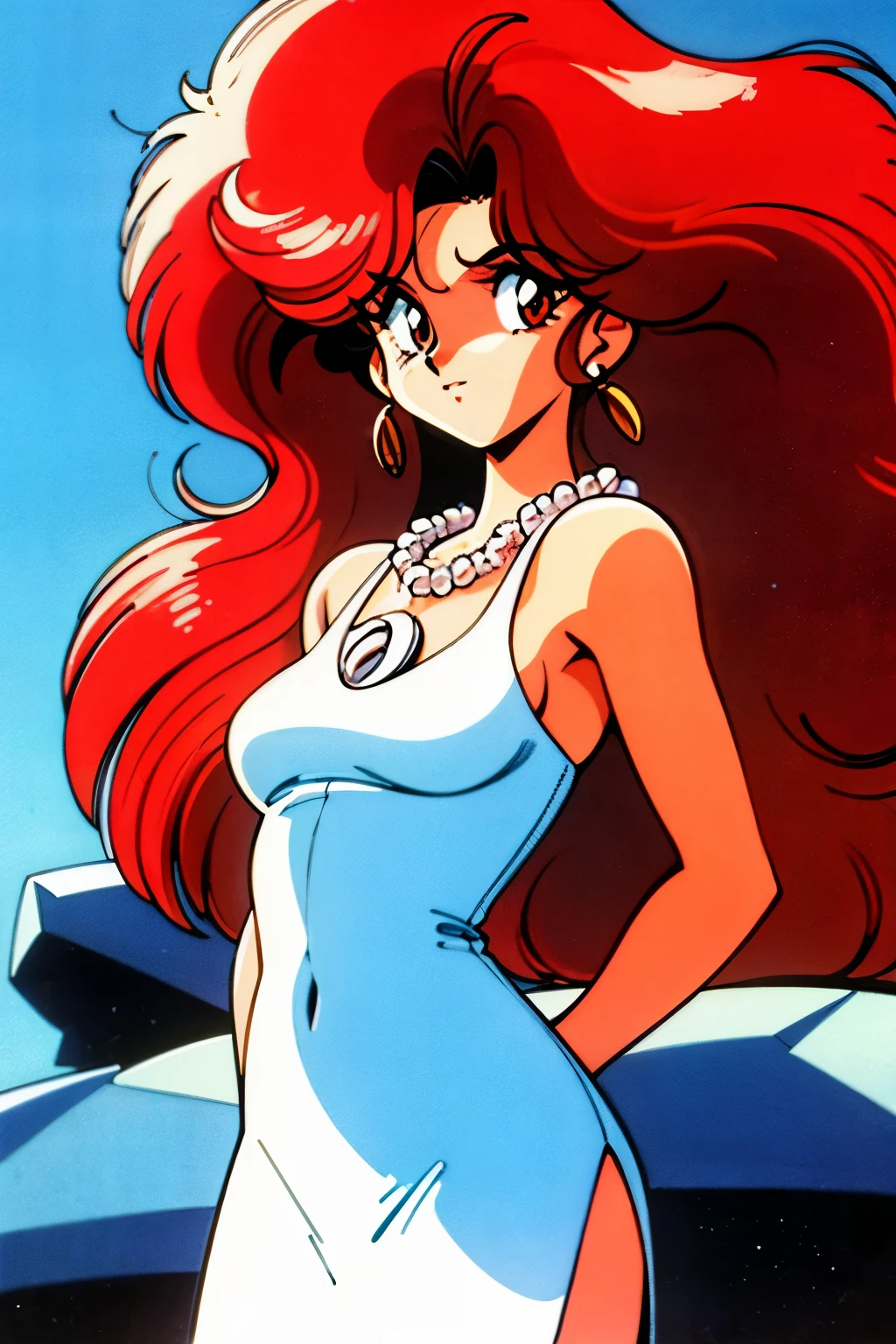 
1990s (style), 1980s (style), retro artstyle, a girl, long red hair, brown eyes, wavy hair, fit body, white dress, white pearl necklace, best quality, masterpiece, in the stone age, 