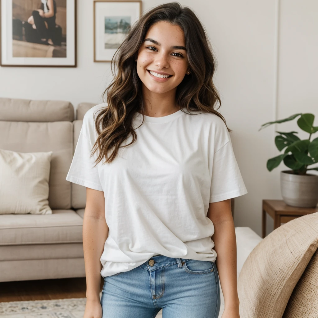 One, a young woman with wavy hair, brown eyes and freckles on her cheeks. She is wearing a white, plain, men's T-shirt and classic jeans. She stands in a relaxed position with a smile on her face. It is located in a large living room decorated in a modern and classic style. The light is soft, daylight.