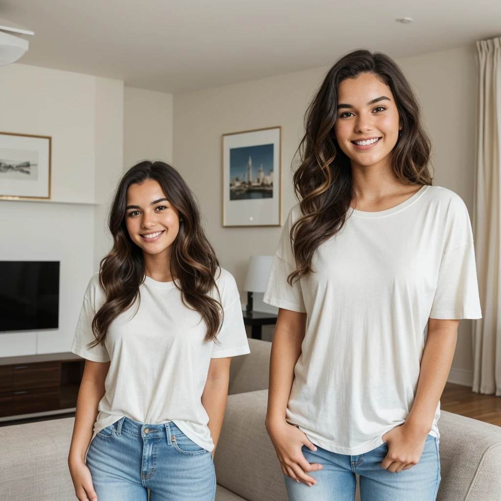 One, a young woman with wavy hair, brown eyes and freckles on her cheeks. She is wearing a white, plain, men's T-shirt and classic jeans. She stands in a relaxed position with a smile on her face. It is located in a large living room decorated in a modern and classic style. The light is soft, daylight.