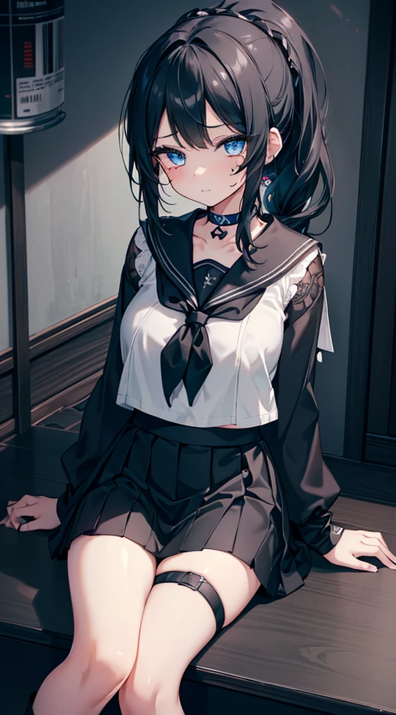 (extremely detailed CG unity 8k wallpaper), (((ultra-detailed))), ((extremely detailed)), (((best illustration))), best illumination, ((extremely delicate and beautiful)), ((an extremely delicate and beautiful girl)), colorful, modern city, ((1 girl, solo:1.9)), {{finely detailed beautiful eyes and detailed face}}, smug face, extra long ponytail, (((deep black hair))), (blue eyes:1.5), beautiful detailed eyes, mature female, slender, medium breast, (((intricate details))), (Black and white long sleeve sailor top and black short skirt:1.5), short black boots, ((black choker)), black tattoo on thigh, sitting, bishoujo, full-body