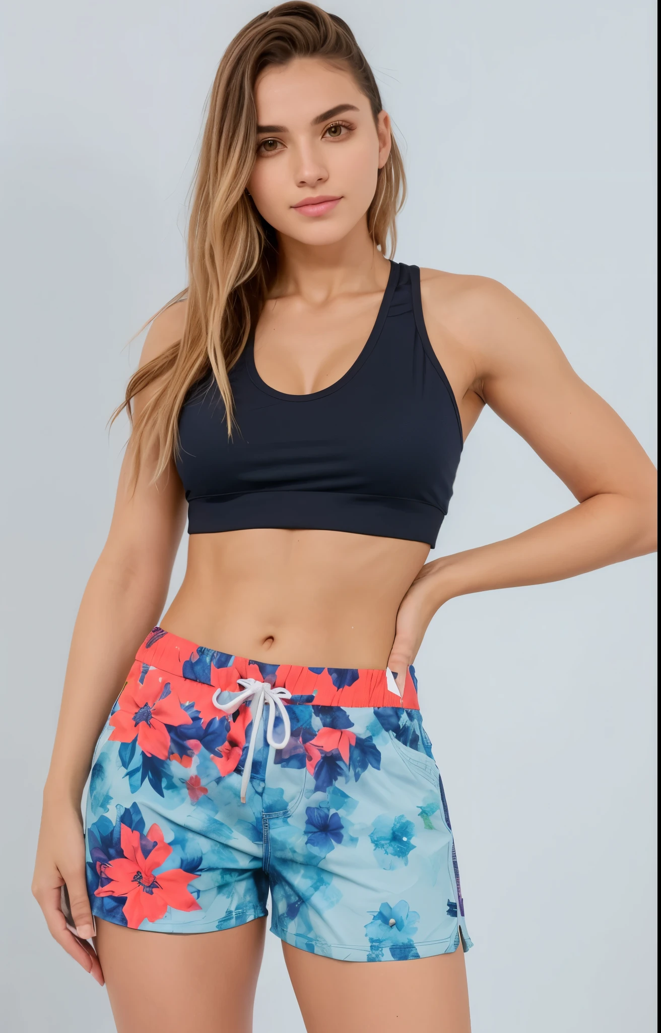 a woman wearing a black corte superior and colorful shorts, esportes bem and dark blue shorts, esportes bem and shorts, esportes bem, esportes bem, top frente única, sutiã de folhas grandes, sutiã de treino, detailed esportes bem, esportes bem and shirt, topo de colheita, cottagecore!! corpo fitness, sutiã e shorts streetwear, bralette, top frente única, corte superior