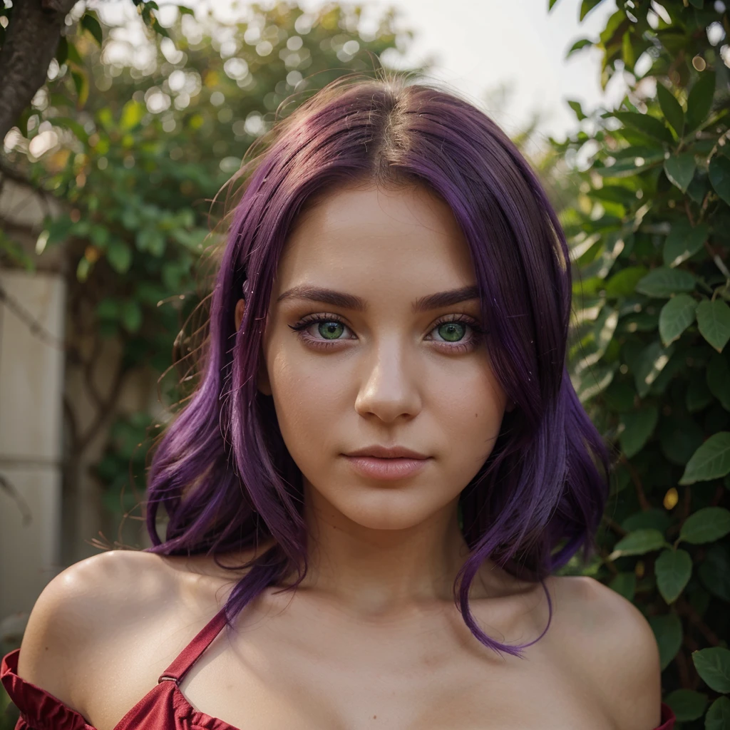 Beautiful realistic young girl with green eyes and bright purple hair in a red dress