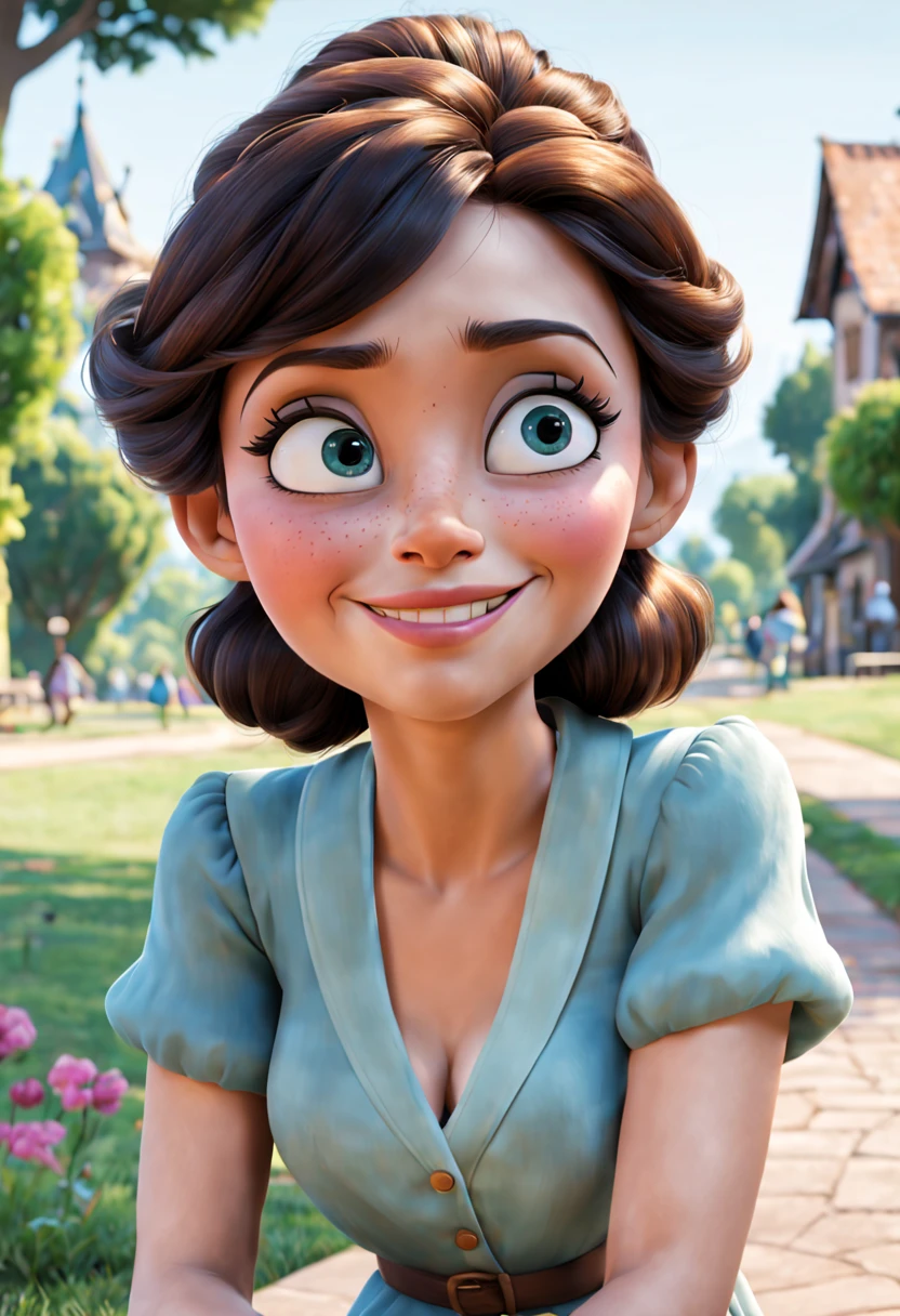 michell with peaceful face, happy, sitted in the park town, disney cartoon style, picture from a dreamworks movie