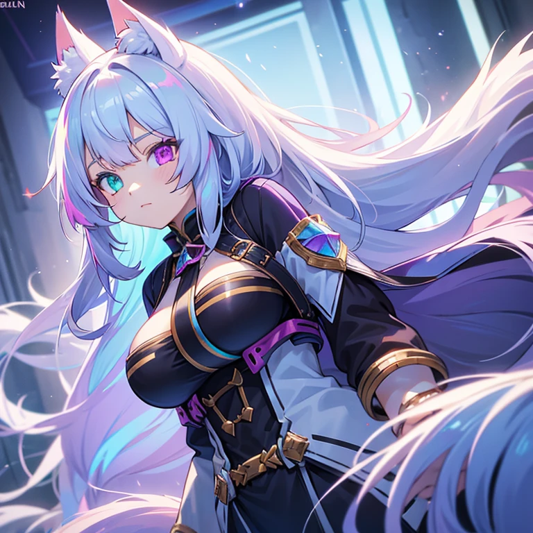 Girl,wolf girl,fluffy tail,white long hair,heterochromia, purple eyes, cyan eyes,mature girl,busty body