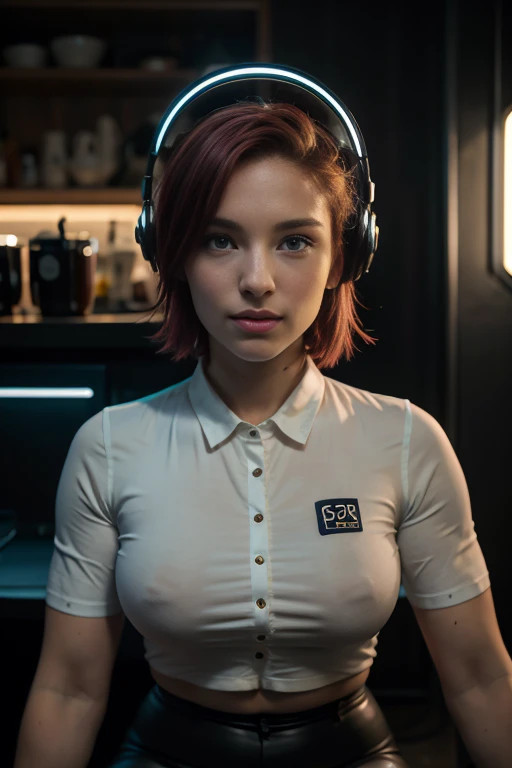 A photo of a young pretty, nerdy woman sitting in a cafe, wearing a white shirt and a bow, surrounded by a cozy lofi atmosphere, looking at the viewer. Short Pink Hair, Stunning Glow Lite Blue Eyes, Amazing beautiful shining hitech astropunk helmet with a big faceshield like an ultimate astronaut, cinematic lut colors, stunning masterpiece of photography, Traditional Cyberbodies, Realistic,DERPD, Science-Fiction, serie-b movie scene. blacklights fluorescent colors, neon-noir ascents, contrasting lsd colors, blue theme, amy jo-johnson