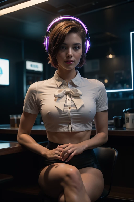 A photo of a young pretty, nerdy woman sitting in a cafe, wearing a white shirt and a bow, surrounded by a cozy lofi atmosphere, looking at the viewer. Short Pink Hair, Stunning Glow Lite Blue Eyes, Amazing beautiful shining hitech astropunk helmet with a big faceshield like an ultimate astronaut, cinematic lut colors, stunning masterpiece of photography, Traditional Cyberbodies, Realistic,DERPD, Science-Fiction, serie-b movie scene. blacklights fluorescent colors, neon-noir ascents, contrasting lsd colors, blue theme, amy jo-johnson
