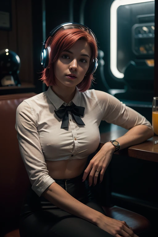 A photo of a young pretty, nerdy woman sitting in a cafe, wearing a white shirt and a bow, surrounded by a cozy lofi atmosphere, looking at the viewer. Short Pink Hair, Stunning Glow Lite Blue Eyes, Amazing beautiful shining hitech astropunk helmet with a big faceshield like an ultimate astronaut, cinematic lut colors, stunning masterpiece of photography, Traditional Cyberbodies, Realistic,DERPD, Science-Fiction, serie-b movie scene. blacklights fluorescent colors, neon-noir ascents, contrasting lsd colors, blue theme, amy jo-johnson