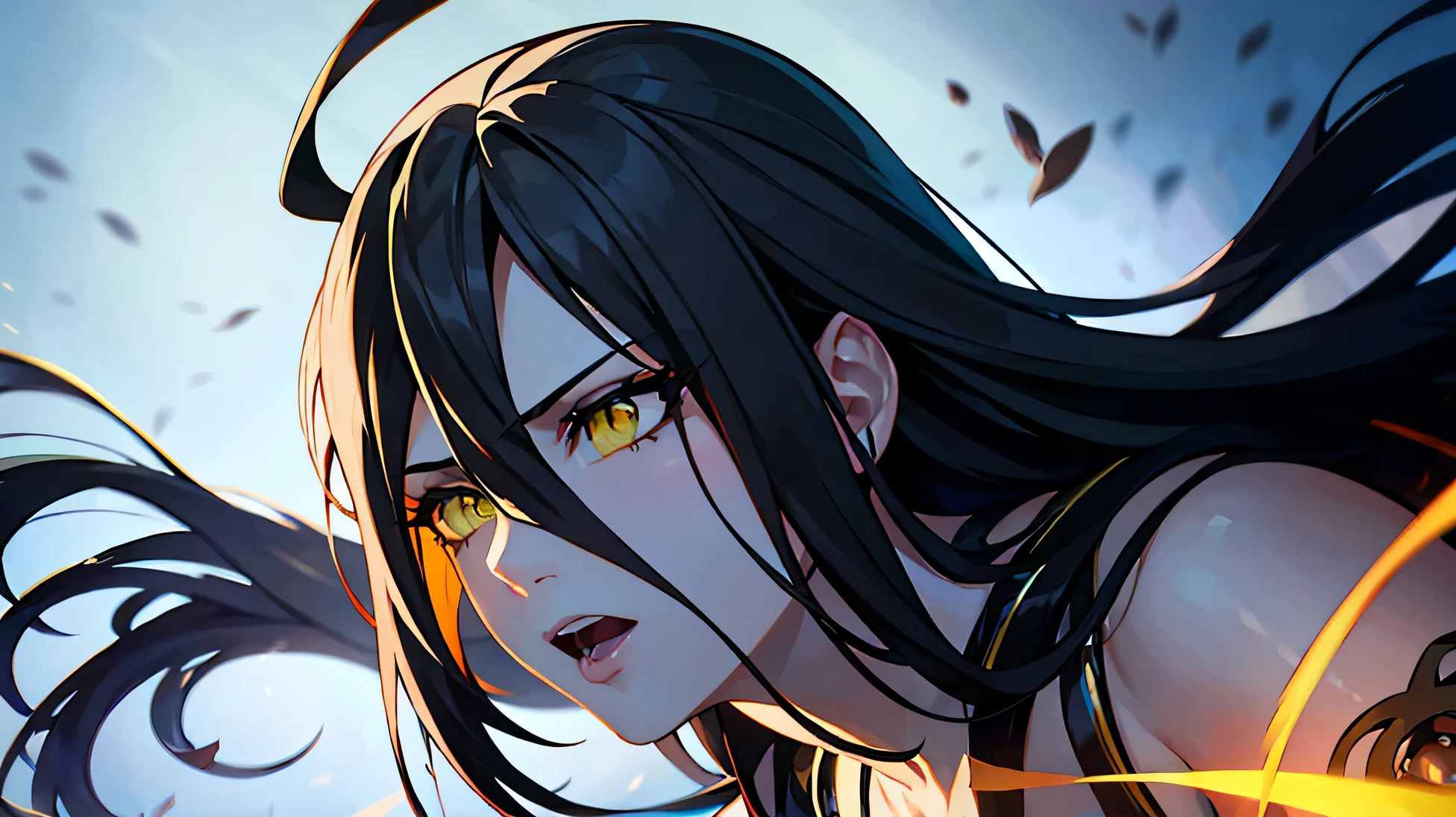 black hair, yellow eyes, detailed facial features, ((masterpiece)), ((8k)), overlord style, vibrant colors, camera focus, intricate details, intense expression, dynamic pose, vibrant background, realistic lighting, dramatic atmosphere