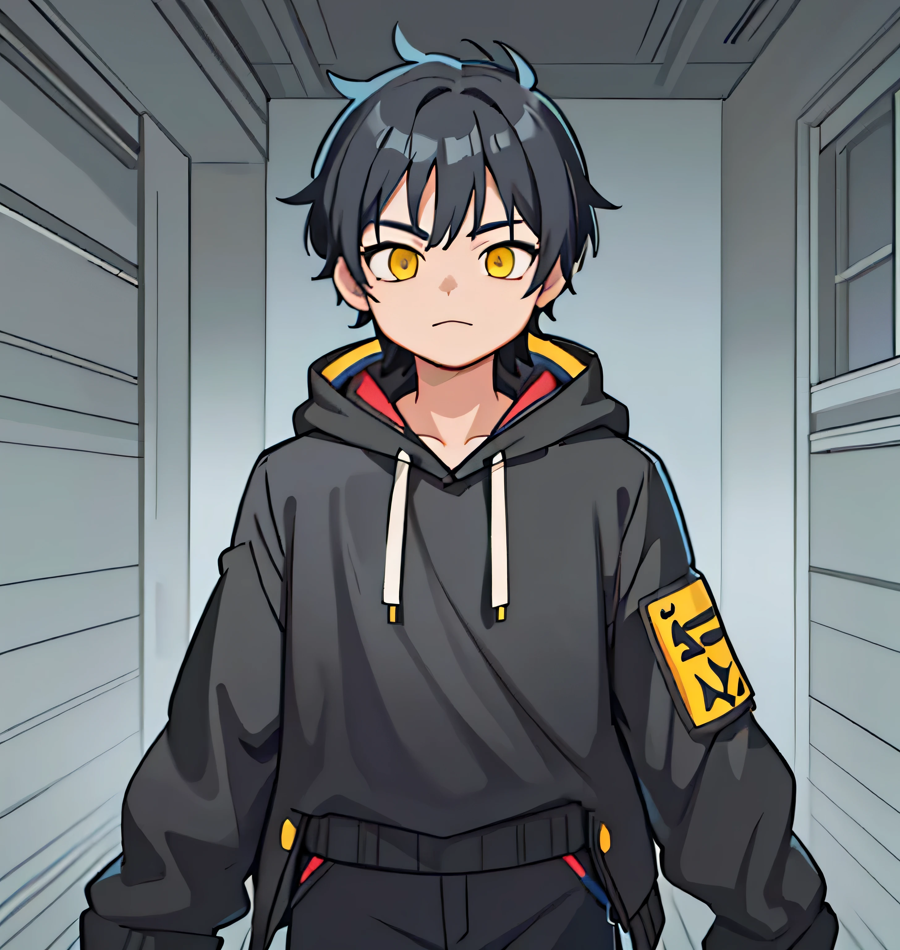 chico anime con una chaqueta negra con cabello negro y ojos amarillos, estilo de arte anime, high quality estilo de arte anime, joven animado, anime estilizado, trigger estilo de arte anime, Estilo anime 2D, modelo de youtuber virtual live2d, anime estilizado, color plano, arte lineal