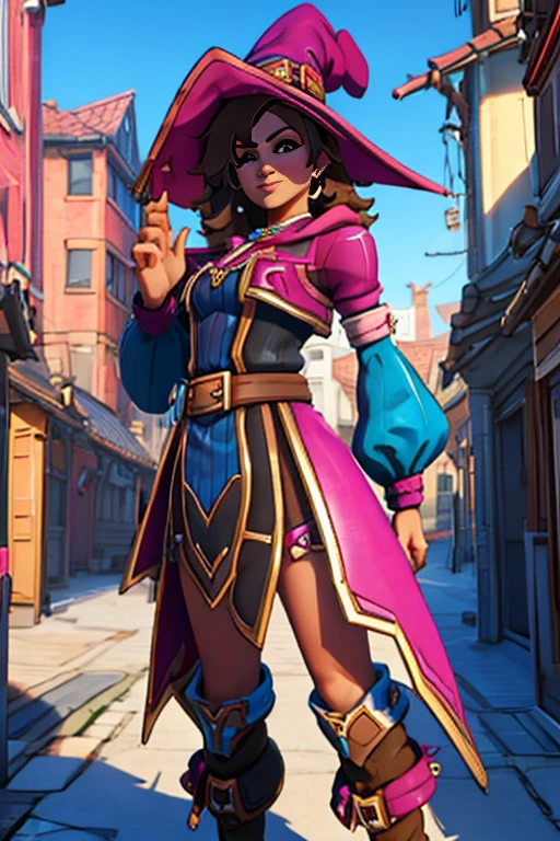 A portrait of K1r1k0 with brown hairs wearing a witch outfit inside a city in the style of K1r1k0, witch pink hat, pink and blue witch, brown boots 