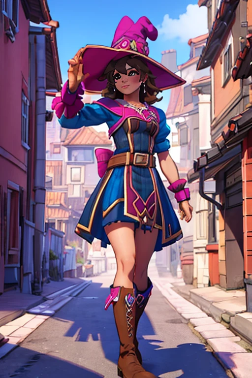 A portrait of K1r1k0 with brown hairs wearing a witch outfit inside a city in the style of K1r1k0, witch pink hat, pink and blue witch, brown boots 