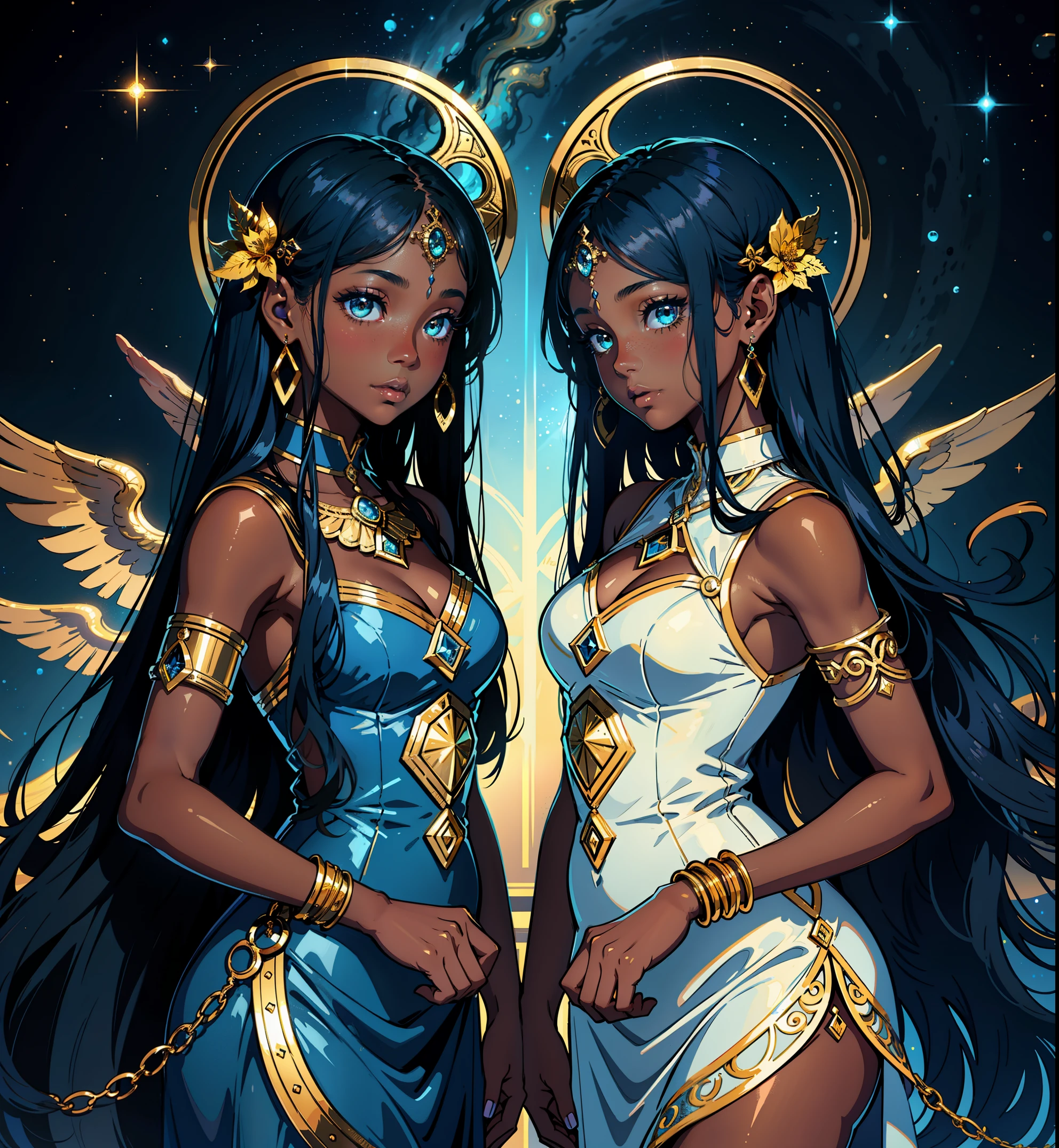 adesivo, fundo simples, portrait, 2 girls with dark skin, twin sisters with long hair, beautiful zodiac girl, zodiac aesthetic, sheer dresses, Gemini beautiful girl, very beautiful fantasy art, beautiful and elegant female celestial, beautiful detailed fantasy, gemini sign, gold and blue color palate, blue color-theme