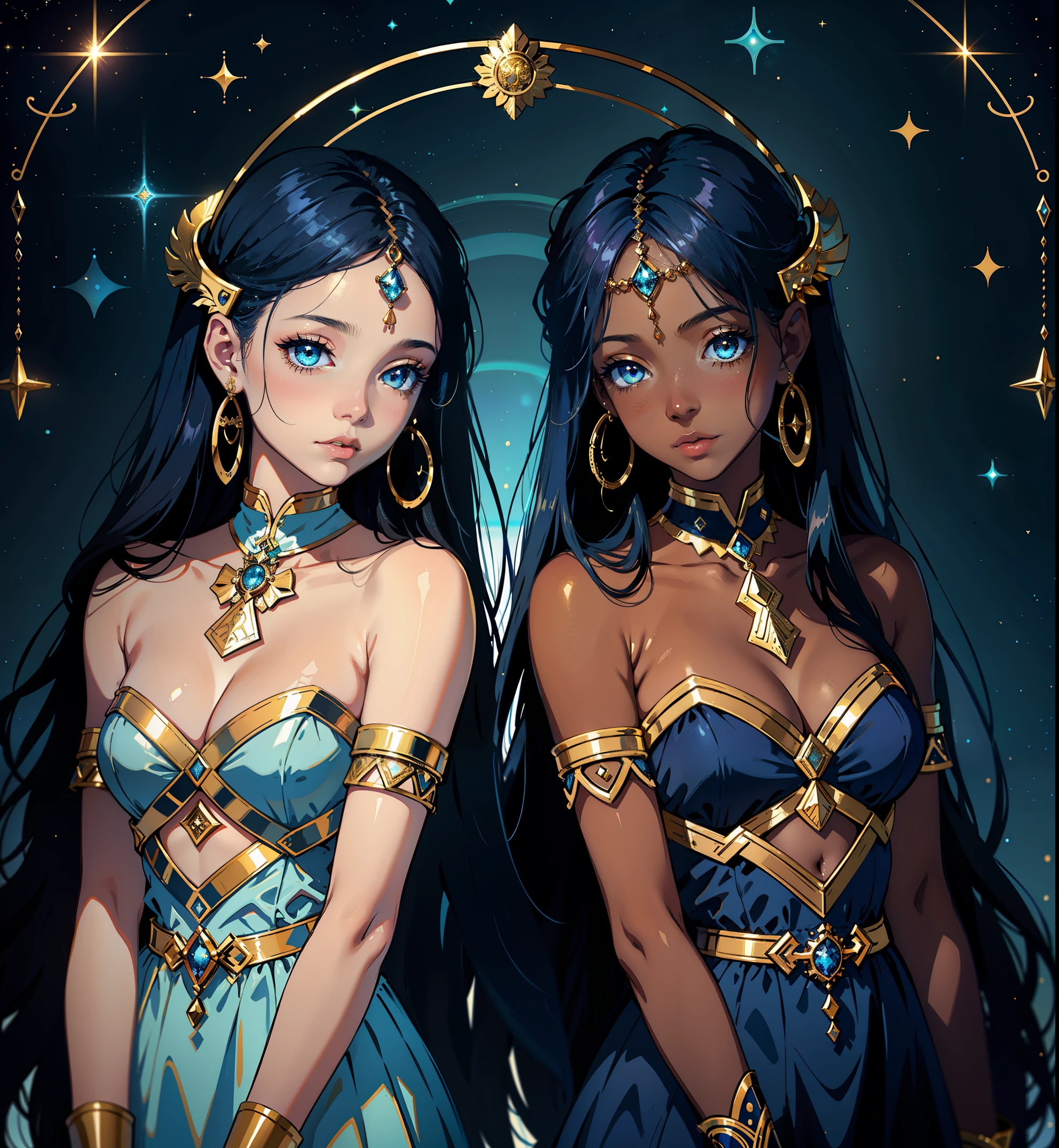 adesivo, fundo simples, portrait, 2 girls with dark skin, twin sisters with long hair, beautiful zodiac girl, zodiac aesthetic, sheer dresses, Gemini beautiful girl, very beautiful fantasy art, beautiful and elegant female celestial, beautiful detailed fantasy, gemini sign, gold and blue color palate, blue color-theme