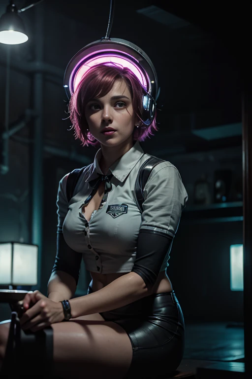 A photo of a young pretty, nerdy woman sitting in a cafe, wearing a white shirt and a bow, surrounded by a cozy lofi atmosphere, looking at the viewer. Short Pink Hair, Stunning Glow Lite Blue Eyes, Amazing beautiful shining hitech astropunk helmet with a big faceshield like an ultimate astronaut, cinematic lut colors, stunning masterpiece of photography, Traditional Cyberbodies, Realistic,DERPD, Science-Fiction, serie-b movie scene. blacklights fluorescent colors, neon-noir ascents, contrasting lsd colors, blue theme, amy jo-johnson