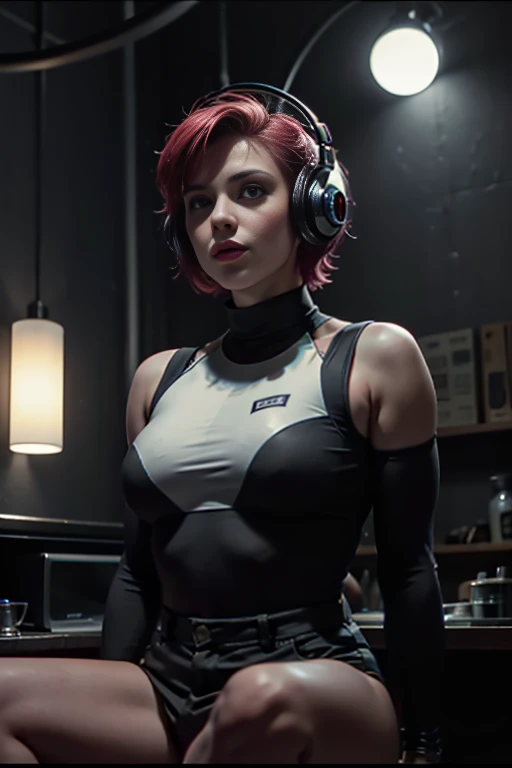 A photo of a young pretty, nerdy woman sitting in a cafe, wearing a white shirt and a bow, surrounded by a cozy lofi atmosphere, looking at the viewer. Short Pink Hair, Stunning Glow Lite Blue Eyes, Amazing beautiful shining hitech astropunk helmet with a big faceshield like an ultimate astronaut, cinematic lut colors, stunning masterpiece of photography, Traditional Cyberbodies, Realistic,DERPD, Science-Fiction, serie-b movie scene. blacklights fluorescent colors, neon-noir ascents, contrasting lsd colors, blue theme, amy jo-johnson