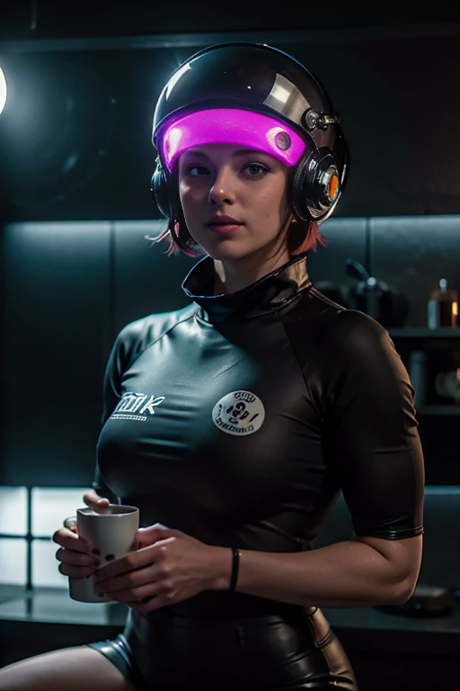 A photo of a young pretty, nerdy woman sitting in a cafe, wearing a white shirt and a bow, surrounded by a cozy lofi atmosphere, looking at the viewer. Short Pink Hair, Stunning Glow Lite Blue Eyes, Amazing beautiful shining hitech astropunk helmet with a big faceshield like an ultimate astronaut, cinematic lut colors, stunning masterpiece of photography, Traditional Cyberbodies, Realistic,DERPD, Science-Fiction, serie-b movie scene. blacklights fluorescent colors, neon-noir ascents, contrasting lsd colors, blue theme, amy jo-johnson