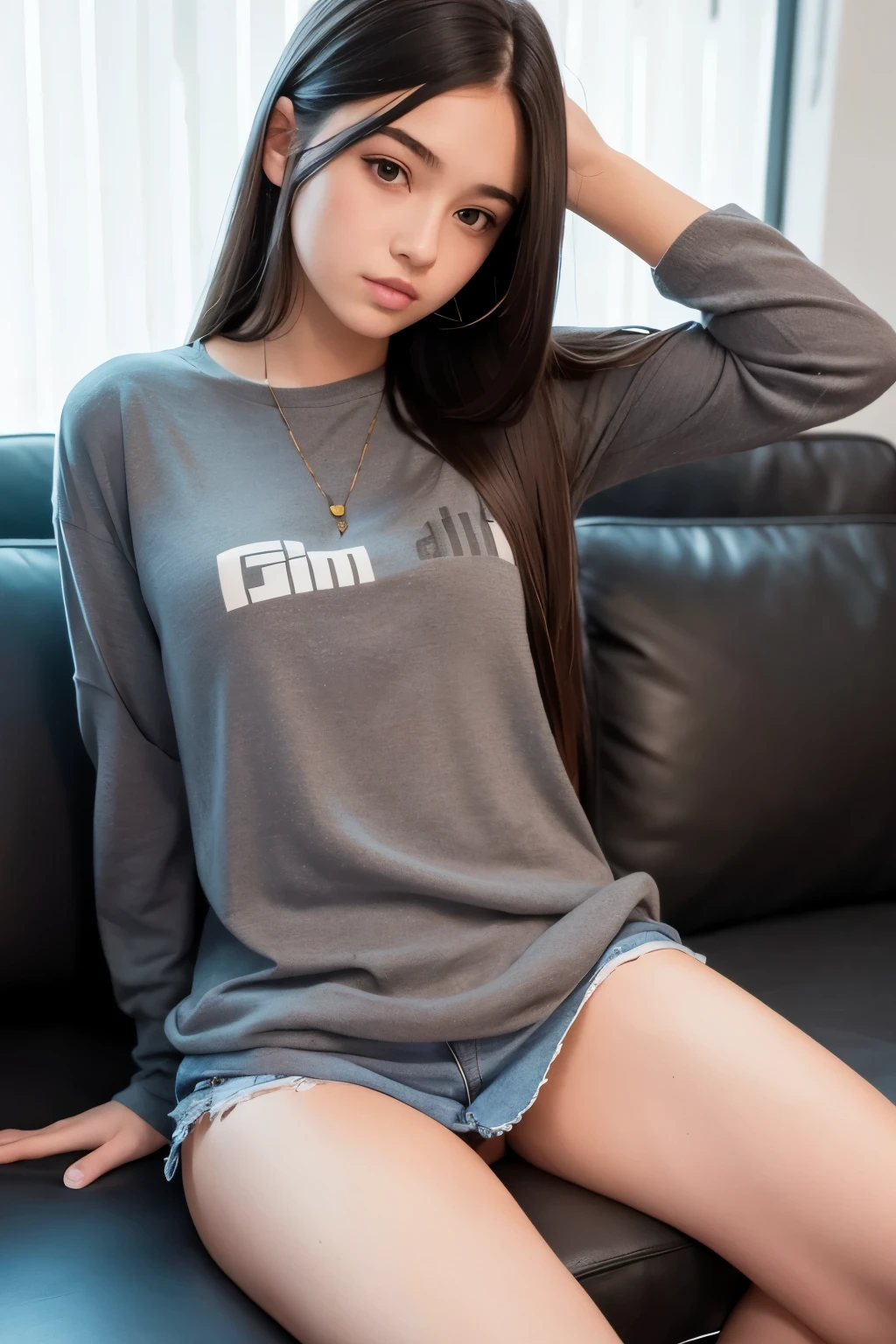 Beautiful girl, wearing casual clothes, dark long hair, slim body, sit on a couch