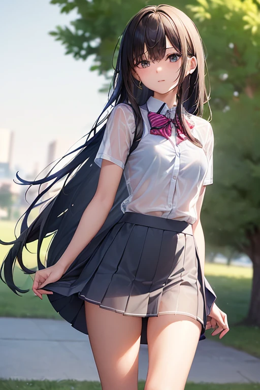 18 Year Old Woman, long hair, RAW photo, Bokeh (realism: 1.4, realistic), High-definition CG unified 8K wallpaper, 1 girl, ((Because I'm slender: 1)), (small breastss: 1), Back to Viewer, ((Direct view from the front)), (headquarters skin: 1.4), 8K UHD, Digital single-lens reflex camera, soft light, high quality, film grain, Fujifilm XT3, ((school uniform, short skirt,See-through open skirt:1.5)), ((outdoor, at the park))) jangjoo, portrait,((Layered short haircuts, Black Hire,small breasts:1.2)),(looking at the viewer:1.4),(whole body:1.8)