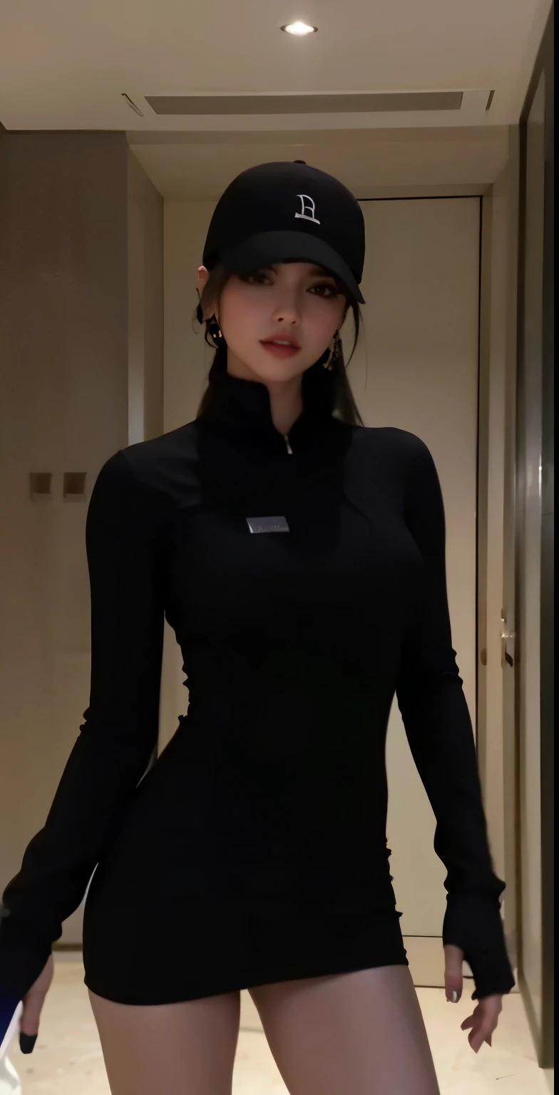 Araffe wearing a black dress and a black hat, roupas pretas justas, she is facing the camera, xianxia de corpo inteiro, vestindo roupas pretas justas, ela tem cabelo preto com franja, roupa apertada, she is wearing a black dress, Kylie Jenner como Mulher-Gato, terno branco liso e justo, vestindo um body preto, body preto colante