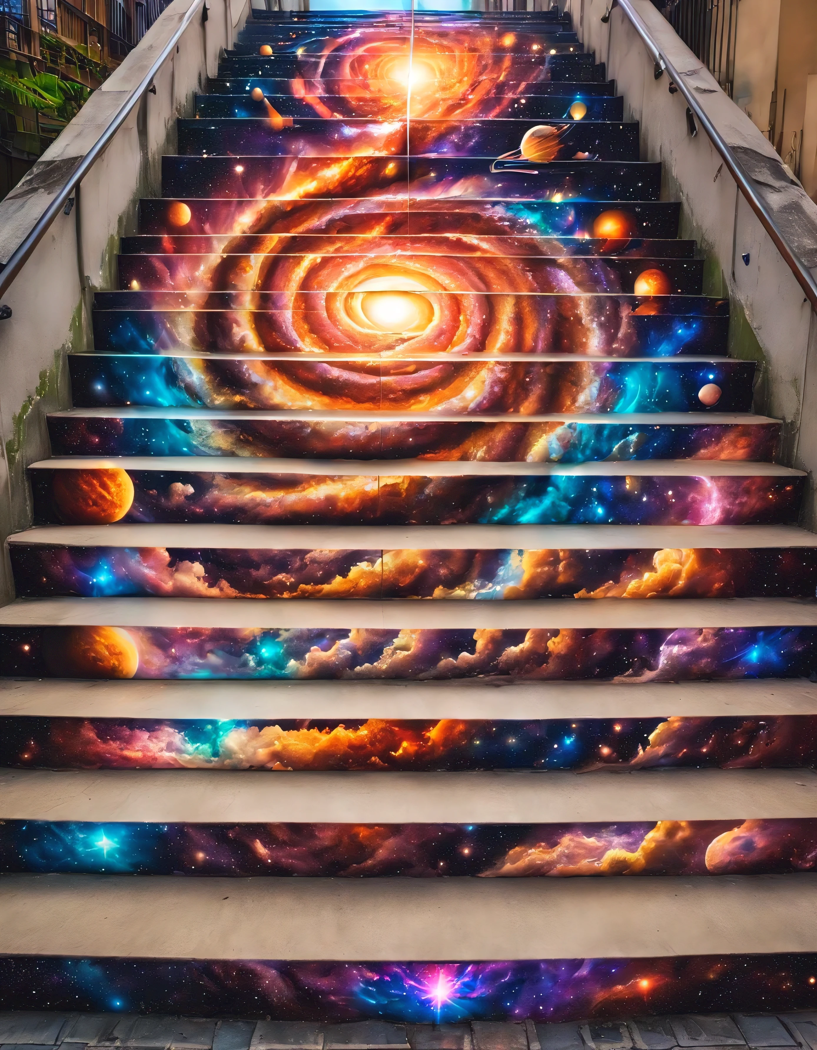 masterpiece, best quality, stair-art, fantasy, nighttime, vibrant, (cosmic:.9), flash-photography, high-saturation