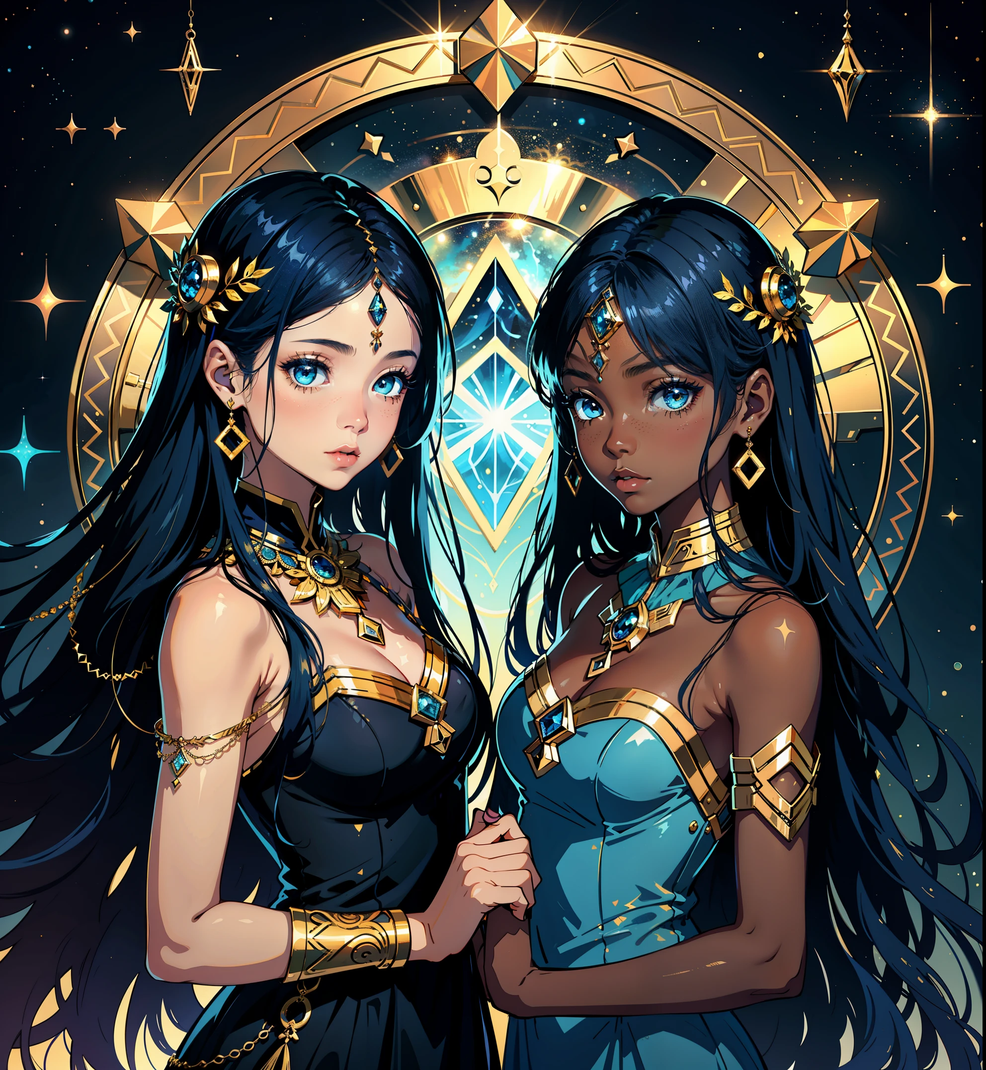 adesivo, fundo simples, portrait, 2 girls with dark skin, twin sisters with long hair, beautiful zodiac girl, zodiac aesthetic, sheer dresses, Gemini beautiful girl, very beautiful fantasy art, beautiful and elegant female celestial, beautiful detailed fantasy, gemini sign, gold and blue color palate, blue color-theme
