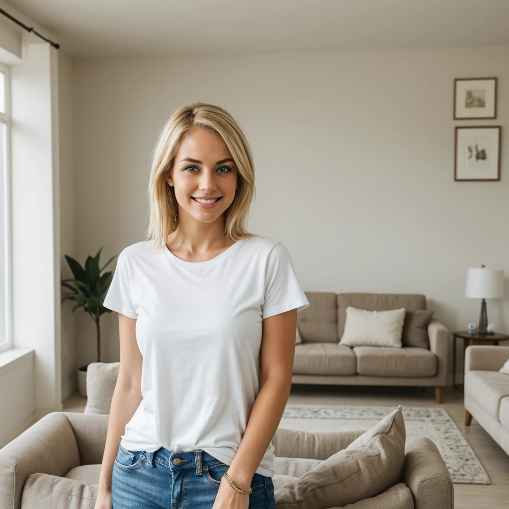 One woman with blonde hair, light eyes. She is wearing a plain white men's T-shirt and classic jeans. Standing in a relaxed position with a smile on her face. It is located in a large living room decorated in a natural style. The light is soft, daylight.