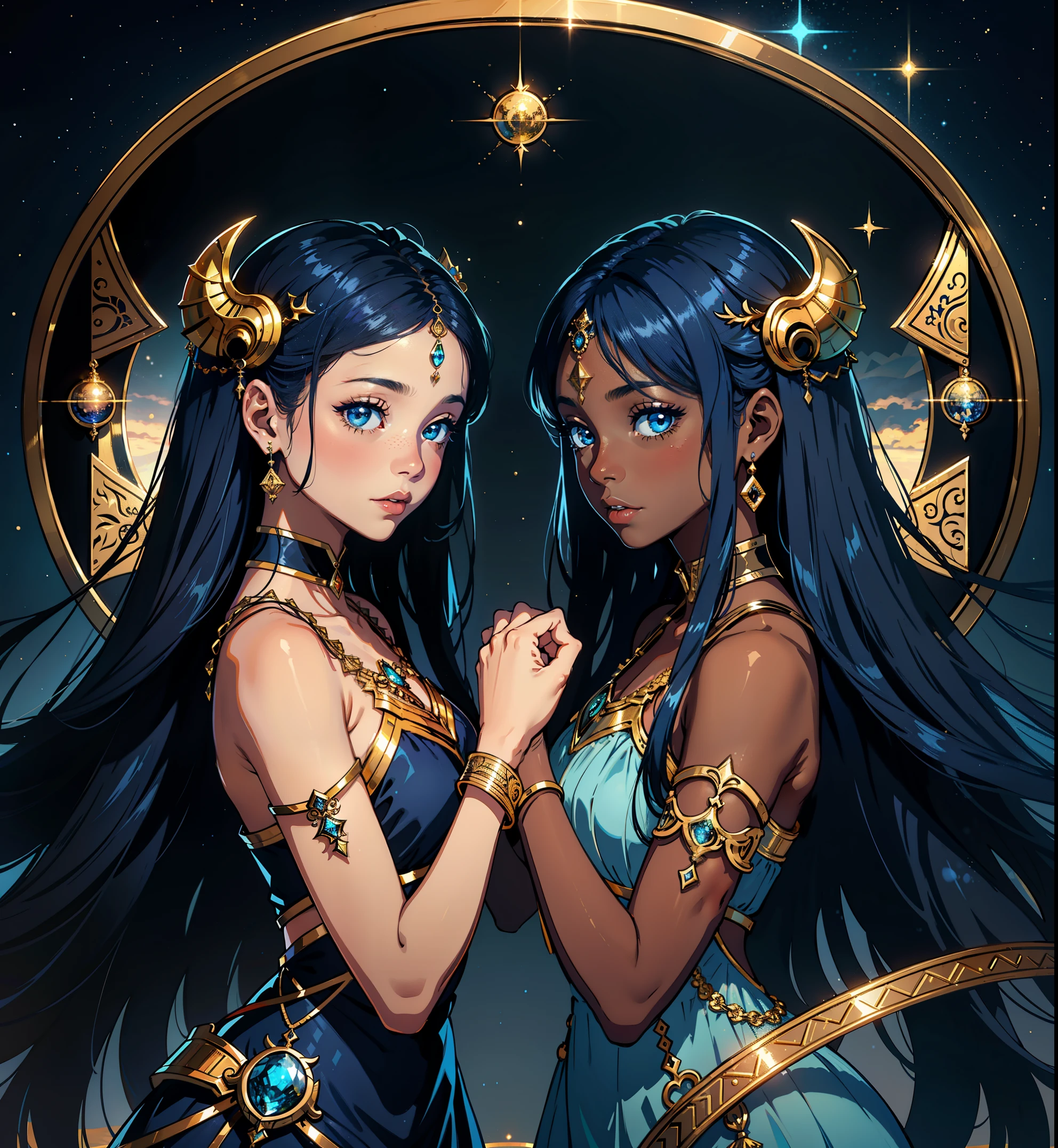 adesivo, fundo simples, portrait, 2 girls with dark skin, twin sisters with long hair, beautiful zodiac girl, zodiac aesthetic, sheer dresses, Gemini beautiful girl, very beautiful fantasy art, beautiful and elegant female celestial, beautiful detailed fantasy, gemini sign, gold and blue color palate, blue color-theme
